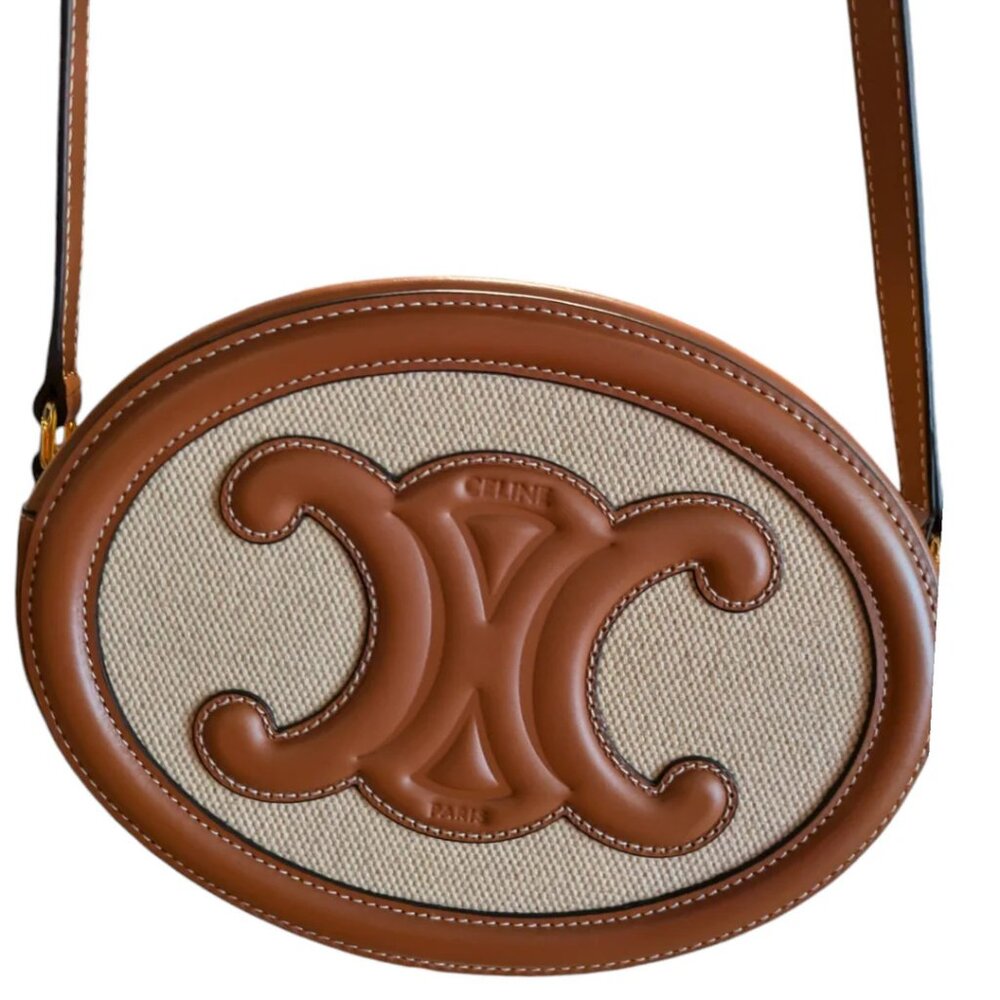 Celine Crossbody Oval Purse Cuir Triomphe in Textile and Calfskin Natural / Tan